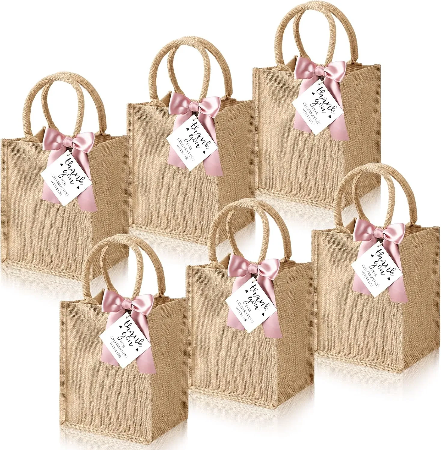 Paterr 6 Pack Burlap Tote Bags with Handles Small Bachelorette Party Gift Bag Reusable Jute Tote Bags with Bow Thank You Tag