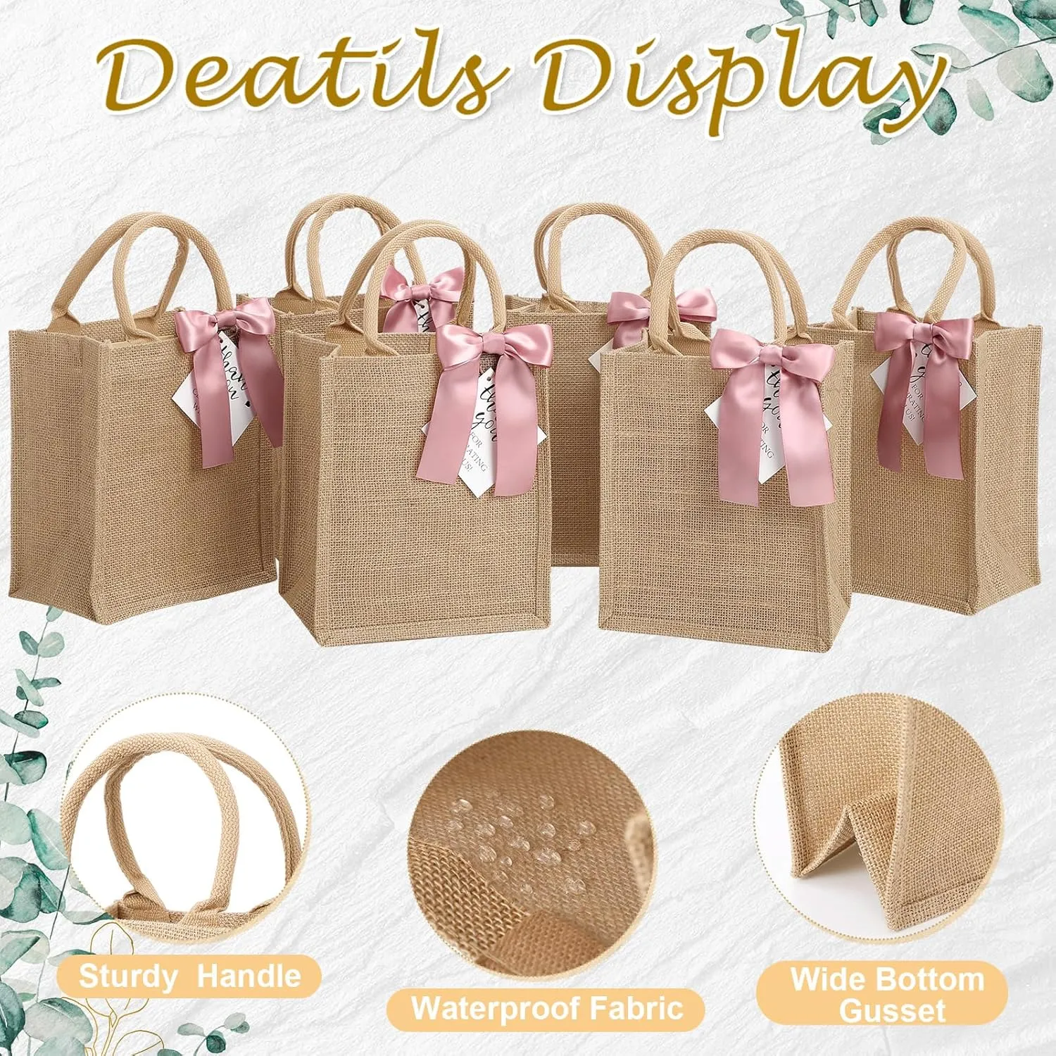Paterr 6 Pack Burlap Tote Bags with Handles Small Bachelorette Party Gift Bag Reusable Jute Tote Bags with Bow Thank You Tag