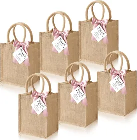 Paterr 6 Pack Burlap Tote Bags with Handles Small Bachelorette Party Gift Bag Reusable Jute Tote Bags with Bow Thank You Tag