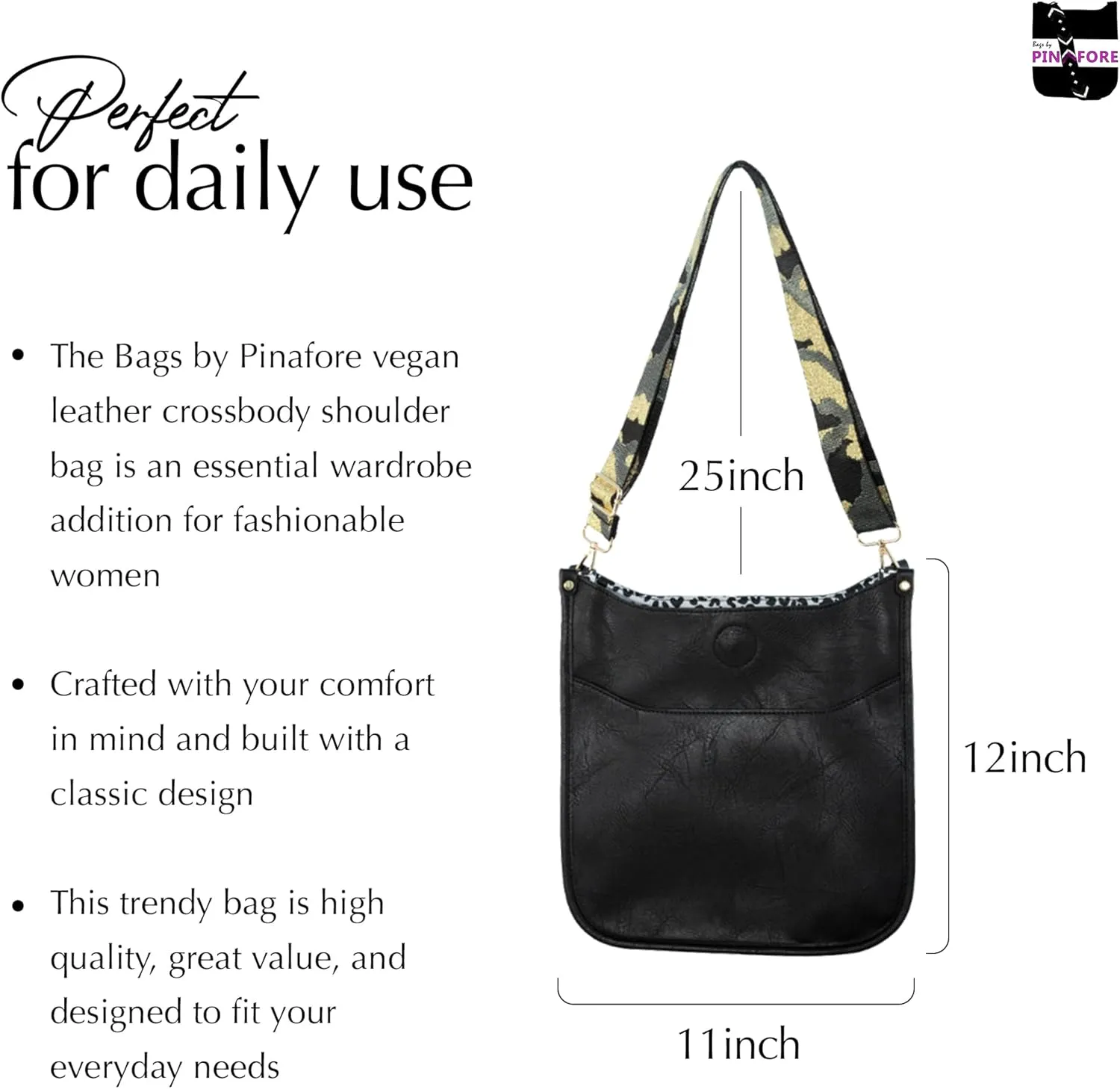 Pinafore Vegan Leather Crossbody Fashion Shoulder Bag with Adjustable Strap