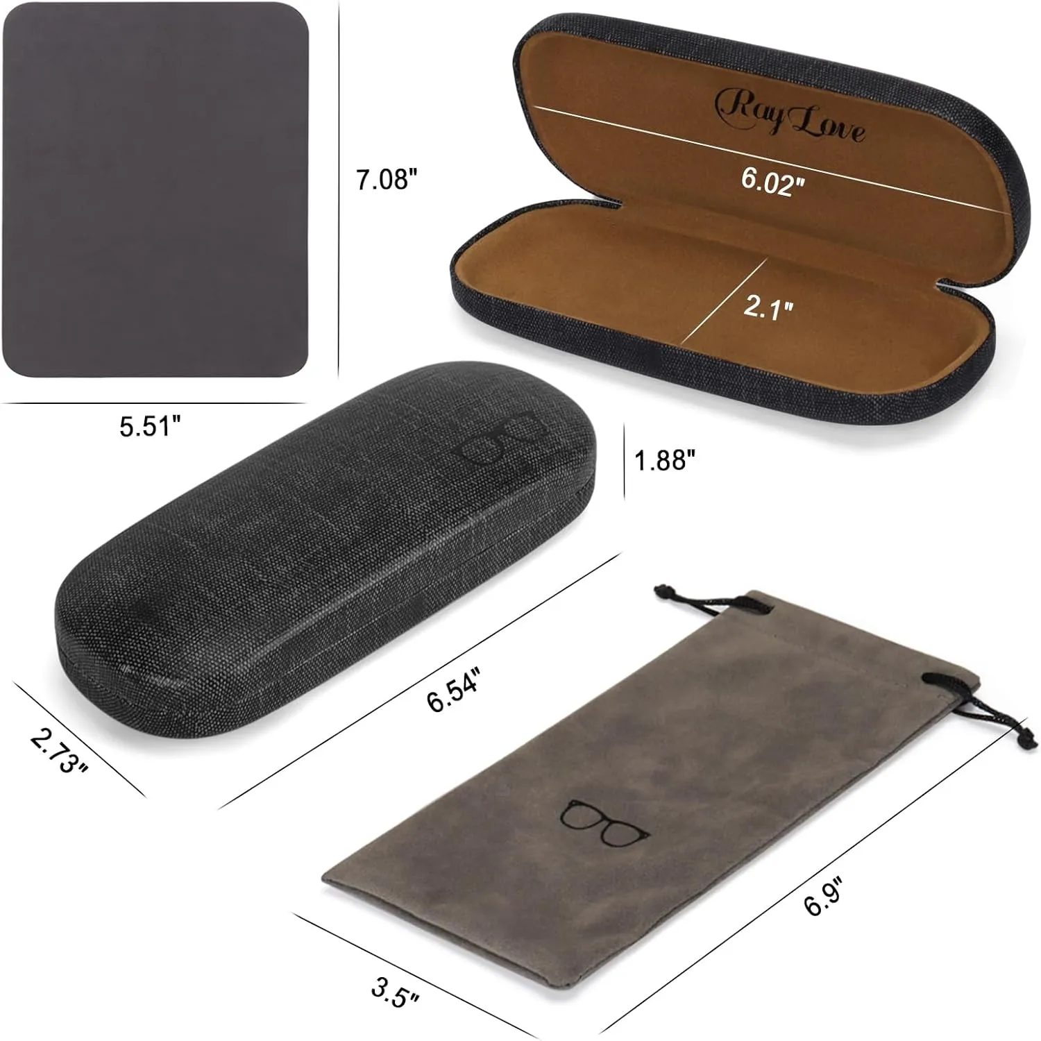 RayLove Hard Shell Glasses Case, PU leather Eyeglass Case Comes with a Pouch & Cleaning Cloth