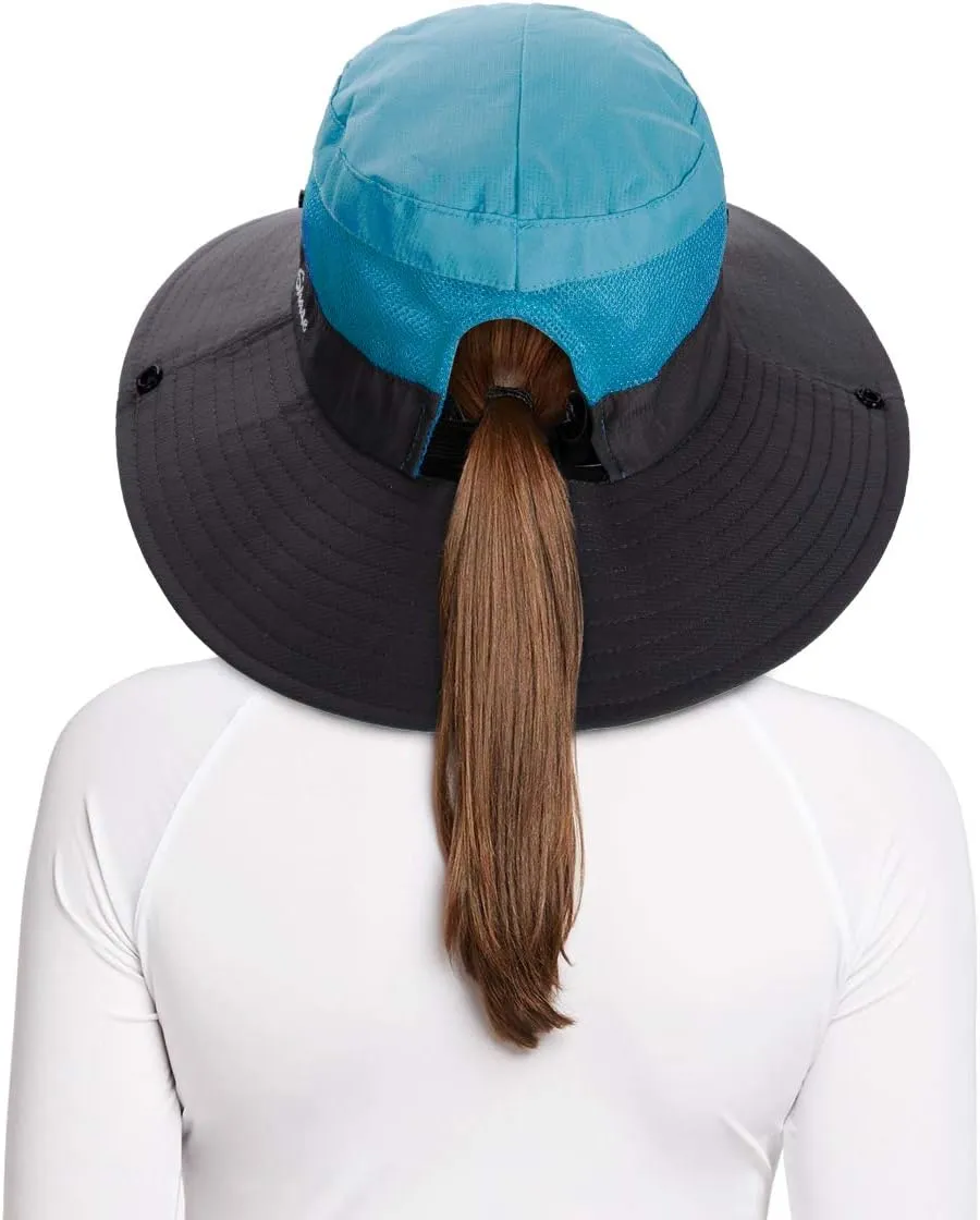 Rosoz Ponytail Sun Bucket Hats for Women UV Protection Foldable Mesh Wide Brim Hiking Beach Fishing Summer Safari
