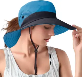 Rosoz Ponytail Sun Bucket Hats for Women UV Protection Foldable Mesh Wide Brim Hiking Beach Fishing Summer Safari