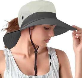 Rosoz Ponytail Sun Bucket Hats for Women UV Protection Foldable Mesh Wide Brim Hiking Beach Fishing Summer Safari