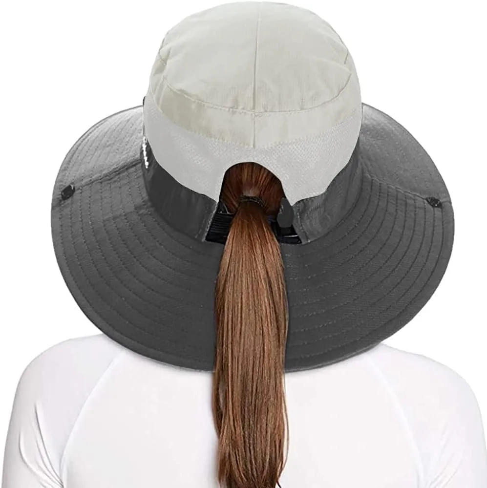 Rosoz Ponytail Sun Bucket Hats for Women UV Protection Foldable Mesh Wide Brim Hiking Beach Fishing Summer Safari