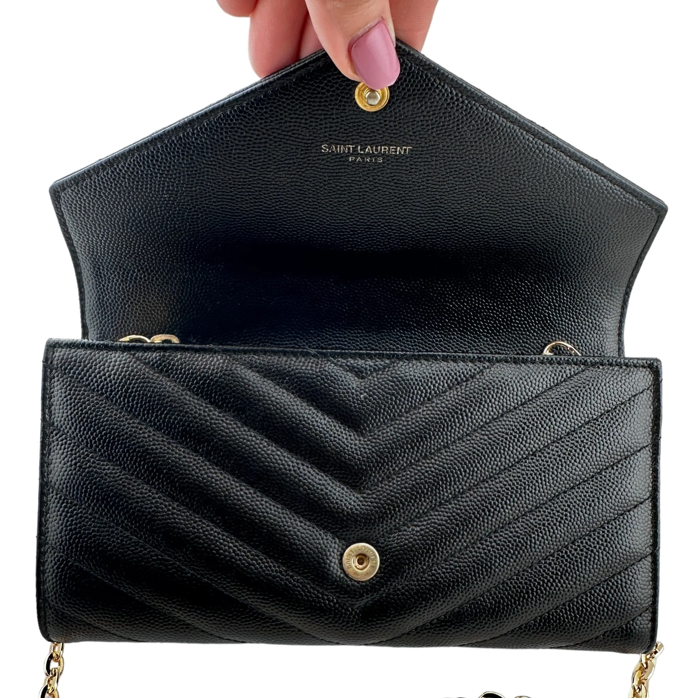 SAINT LAURENT Grain de Poudre Chevron Cassandra YSL Clutch with Unbranded Chain