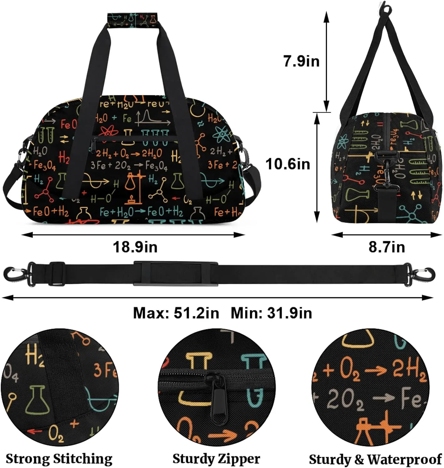 Science 18 inch Small Gym Bag for Women and Men, Lightweight Carry On Weekender Bag Mini Duffel Bag for Travel Sports Workout, Physics Math Chemistry Formula