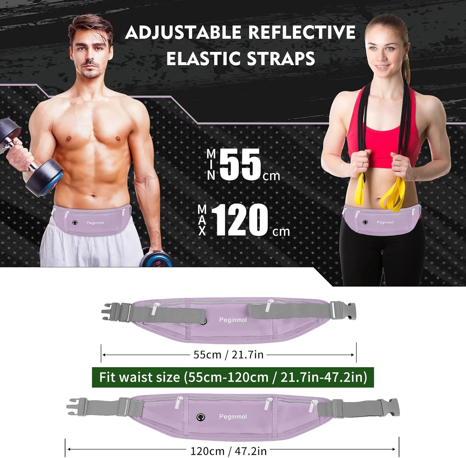 Slim Running Belt Fanny Pack, Waist Pack Bag for Women Men, Running Pouch for Phone Waterproof Reflective with 3 Pouches, Running Phone Holder for Sports, Traveling (Purple)