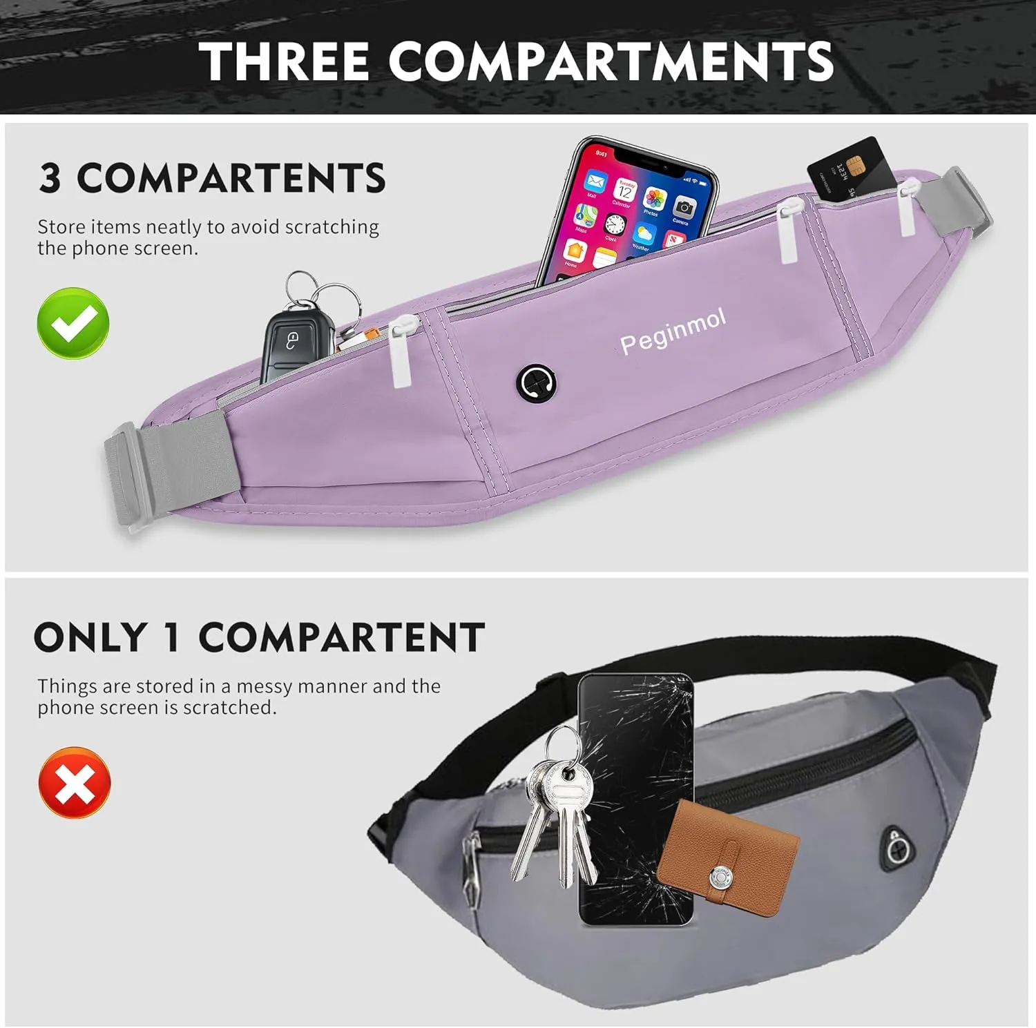 Slim Running Belt Fanny Pack, Waist Pack Bag for Women Men, Running Pouch for Phone Waterproof Reflective with 3 Pouches, Running Phone Holder for Sports, Traveling (Purple)