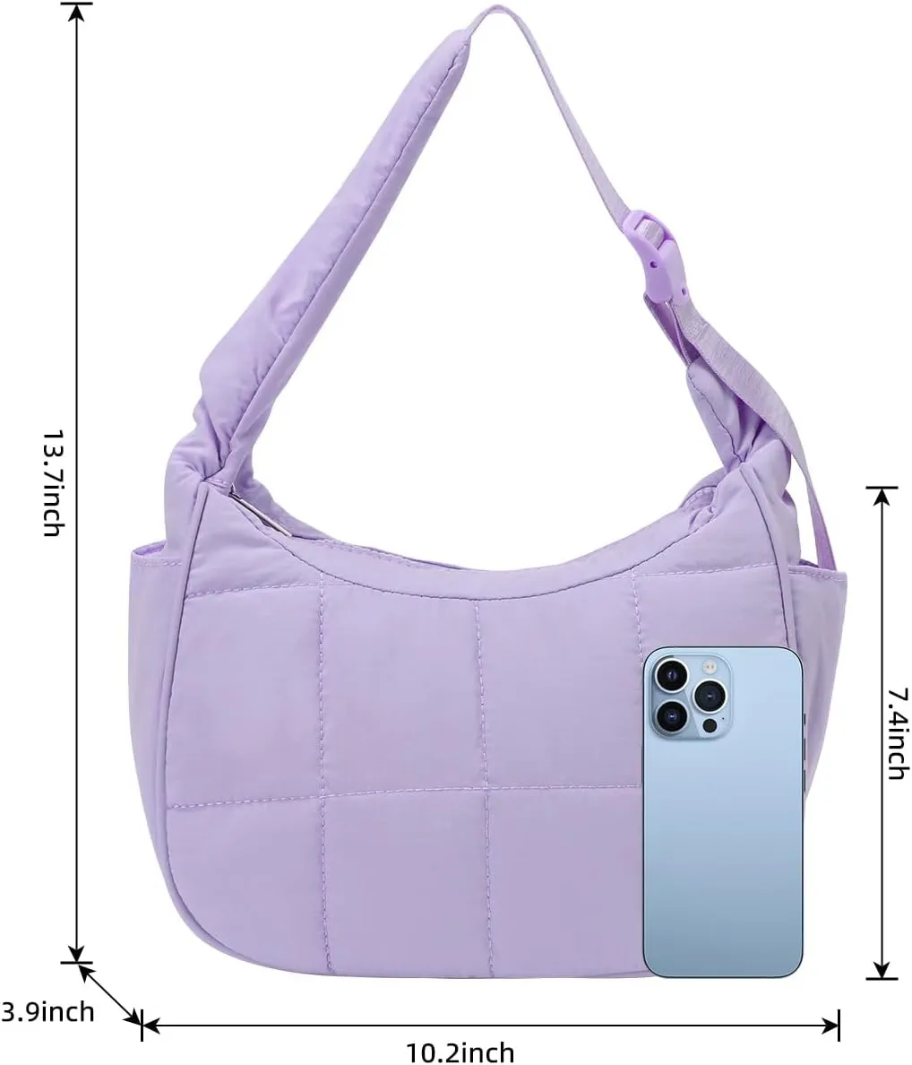 Small Puffer Crescent Underarm Shoulder Bag for Women, Nylon Quilted Purses Handbags with Adjustable Strap