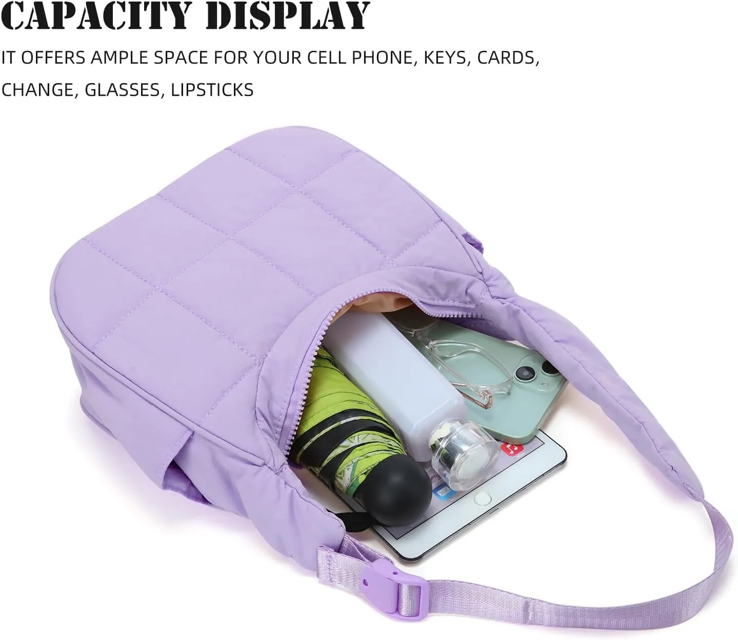 Small Puffer Crescent Underarm Shoulder Bag for Women, Nylon Quilted Purses Handbags with Adjustable Strap