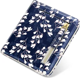 Small Wallet Women, Cute Flower Theme RFID Blocking Credit Card Holder for Women, Leather Billfold Slim Card Holder Wallets for Travel, Thin Bifold Pocket Mini Coin Purse with ID Window, Blue