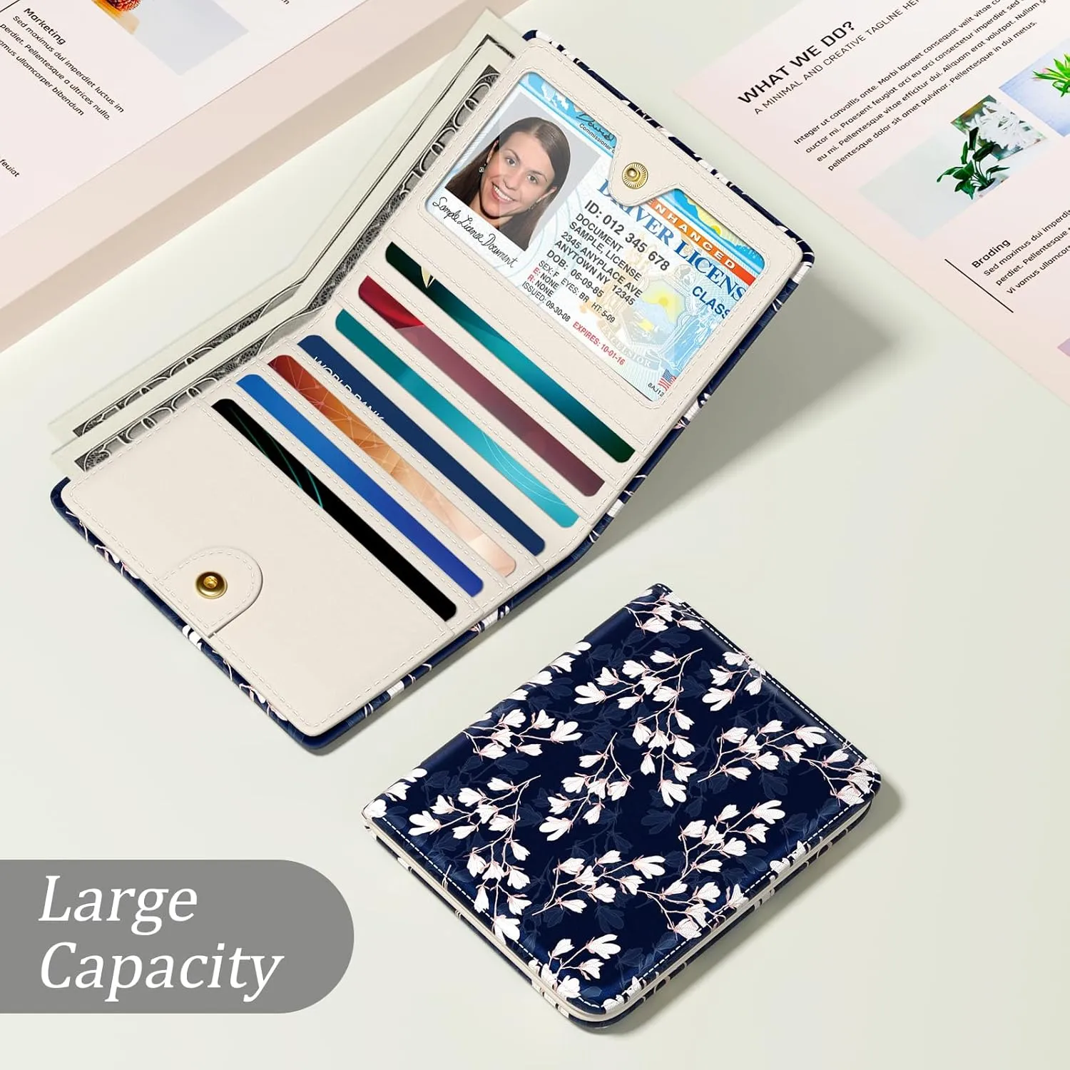 Small Wallet Women, Cute Flower Theme RFID Blocking Credit Card Holder for Women, Leather Billfold Slim Card Holder Wallets for Travel, Thin Bifold Pocket Mini Coin Purse with ID Window, Blue