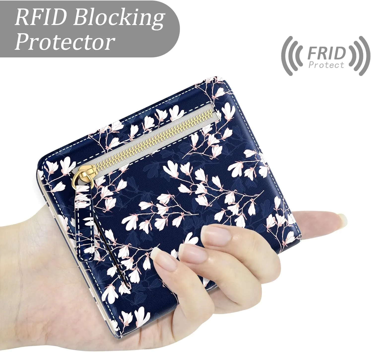 Small Wallet Women, Cute Flower Theme RFID Blocking Credit Card Holder for Women, Leather Billfold Slim Card Holder Wallets for Travel, Thin Bifold Pocket Mini Coin Purse with ID Window, Blue