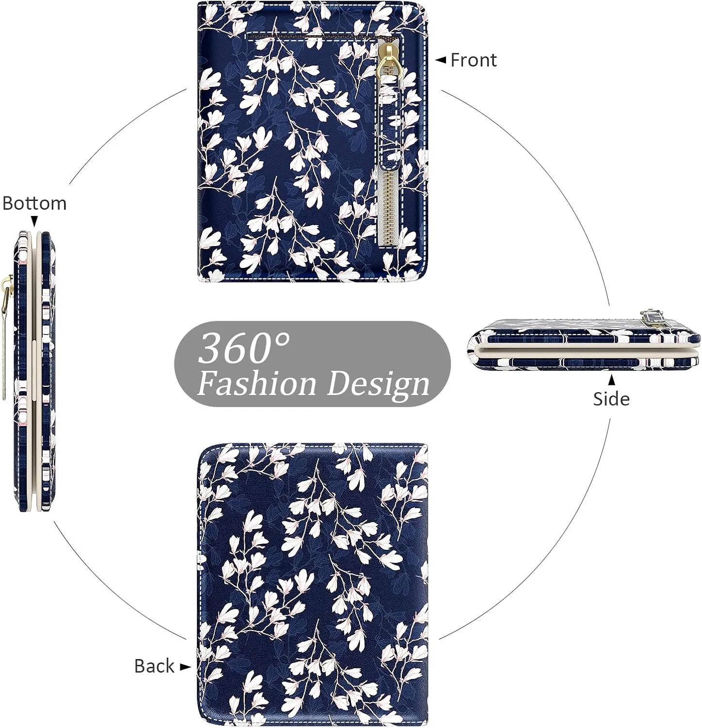 Small Wallet Women, Cute Flower Theme RFID Blocking Credit Card Holder for Women, Leather Billfold Slim Card Holder Wallets for Travel, Thin Bifold Pocket Mini Coin Purse with ID Window, Blue