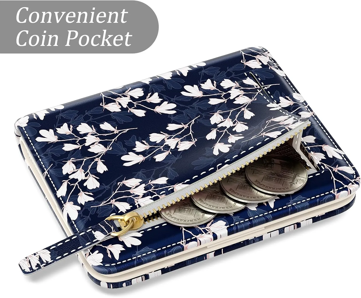 Small Wallet Women, Cute Flower Theme RFID Blocking Credit Card Holder for Women, Leather Billfold Slim Card Holder Wallets for Travel, Thin Bifold Pocket Mini Coin Purse with ID Window, Blue