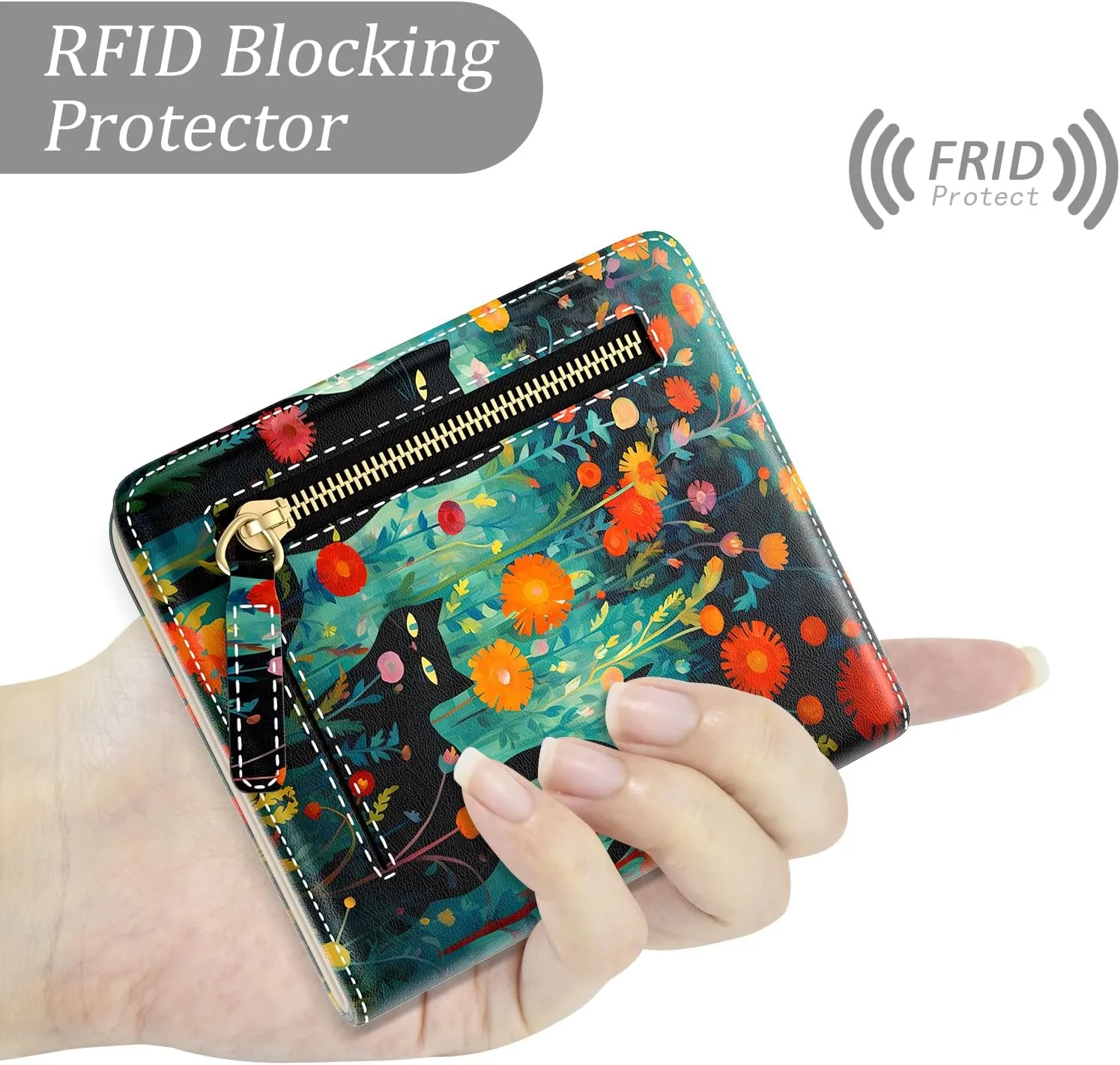Small Wallet Women, Cute RFID Blocking Credit Card Holder for Women, Leather Billfold Slim Card Holder Wallets for Travel, Thin Bifold Pocket Mini Coin Purse with ID Window, Black Cat