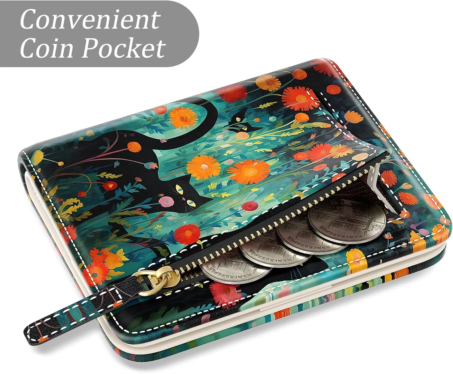 Small Wallet Women, Cute RFID Blocking Credit Card Holder for Women, Leather Billfold Slim Card Holder Wallets for Travel, Thin Bifold Pocket Mini Coin Purse with ID Window, Black Cat