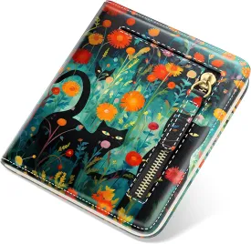 Small Wallet Women, Cute RFID Blocking Credit Card Holder for Women, Leather Billfold Slim Card Holder Wallets for Travel, Thin Bifold Pocket Mini Coin Purse with ID Window, Black Cat