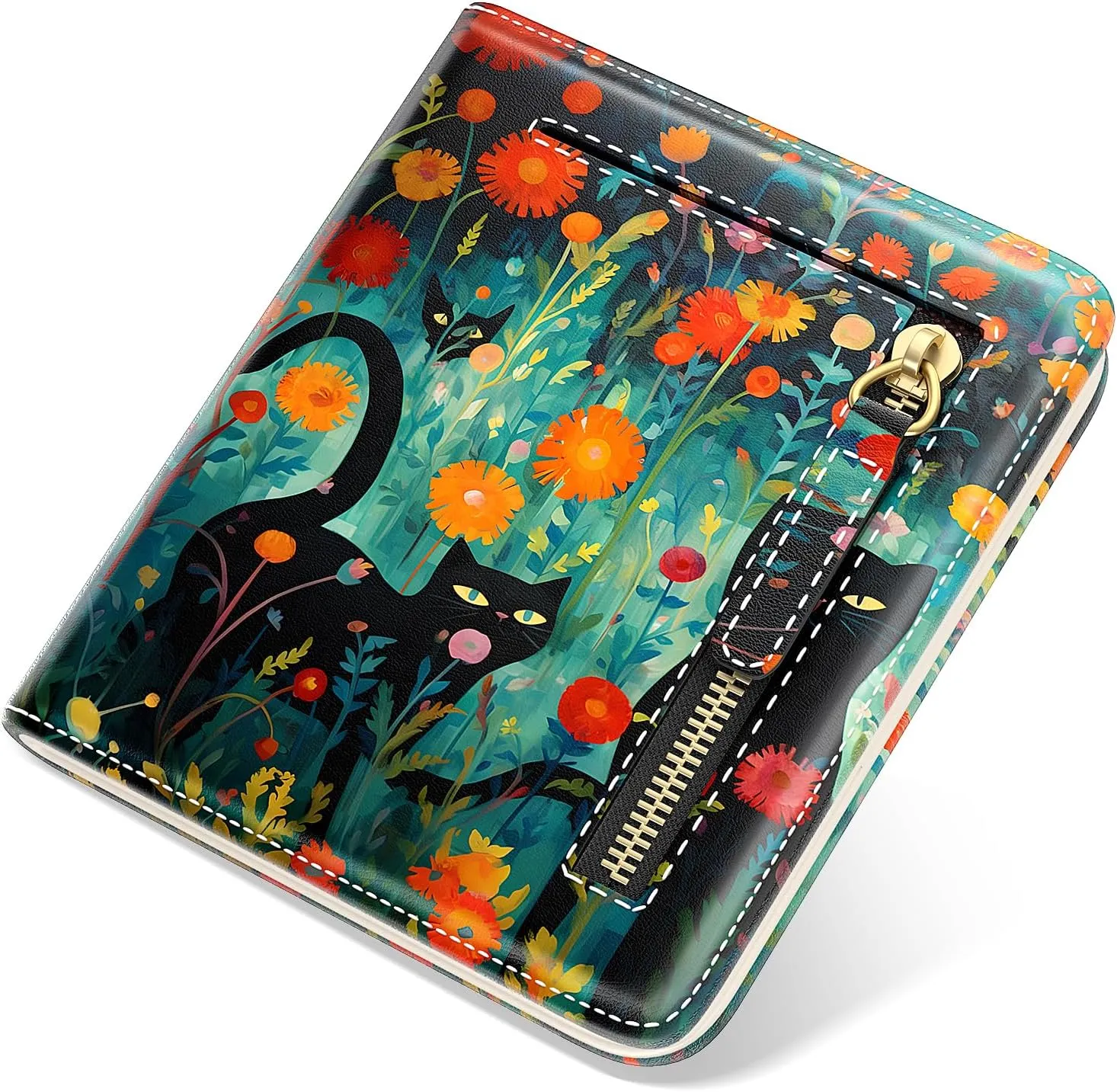 Small Wallet Women, Cute RFID Blocking Credit Card Holder for Women, Leather Billfold Slim Card Holder Wallets for Travel, Thin Bifold Pocket Mini Coin Purse with ID Window, Black Cat