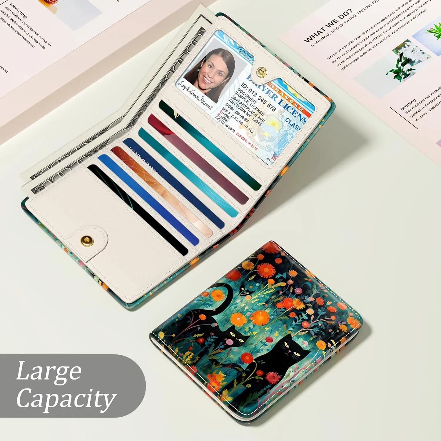 Small Wallet Women, Cute RFID Blocking Credit Card Holder for Women, Leather Billfold Slim Card Holder Wallets for Travel, Thin Bifold Pocket Mini Coin Purse with ID Window, Black Cat