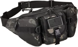 Tactical Fanny Pack,Military Waist Bag Pack with U.S Patch Utility Hip Belt Bumbag for Outdoor Fishing Hiking (Black c(5 Zipper Pockets))
