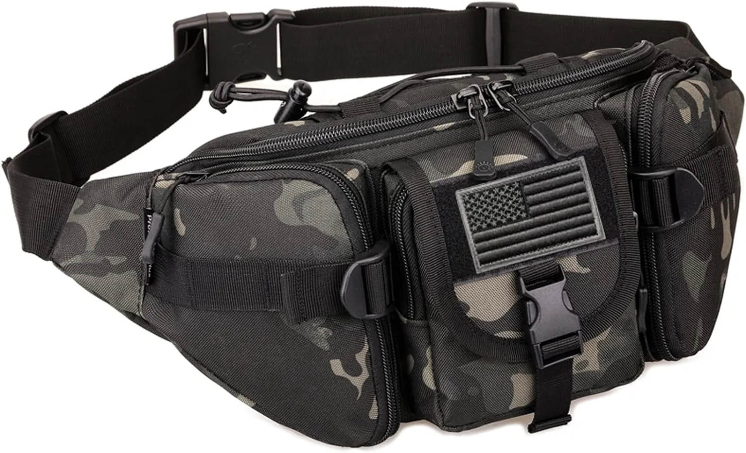 Tactical Fanny Pack,Military Waist Bag Pack with U.S Patch Utility Hip Belt Bumbag for Outdoor Fishing Hiking (Black c(5 Zipper Pockets))