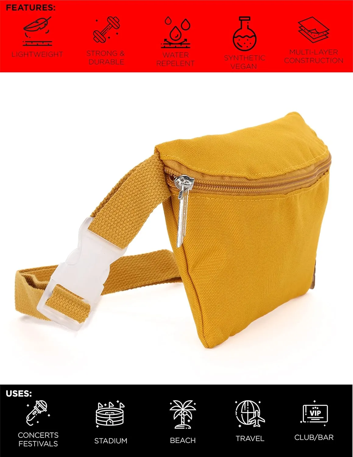 Ultra Slim Fanny Packs for Women  80s/90s Recycled RPET Bum Bag  Unisex Crossbody Waist Belt Bag for Travel, Festivals, Sports & Daily Use  Waist Belt Bag for Women | Mustard