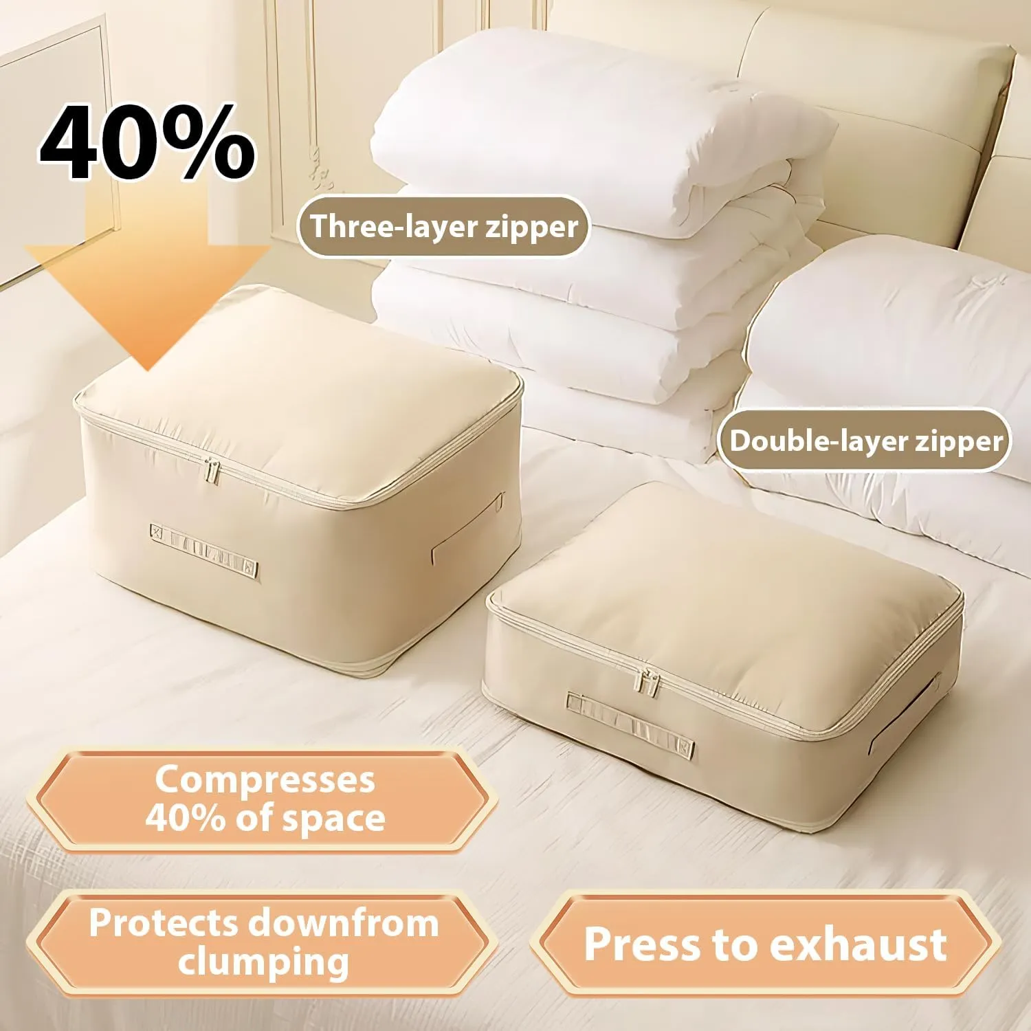 Ultra Space Saving Self Compression Organizer,New Heavy Duty Moving Bags,Clothing Storage Bags with Zipper for Comforters,Blankets,Bedding,Clothes(Khaki,L-54 * 42 * 30cm)