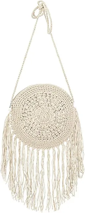 Van Caro Handwoven Cotton Straw Shoulder Bag Crochet Tassel Beach Bohemian Purse for Women