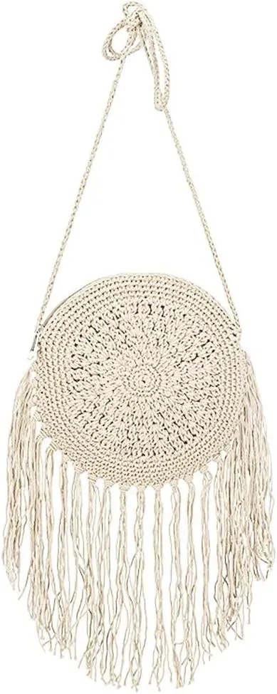 Van Caro Handwoven Cotton Straw Shoulder Bag Crochet Tassel Beach Bohemian Purse for Women